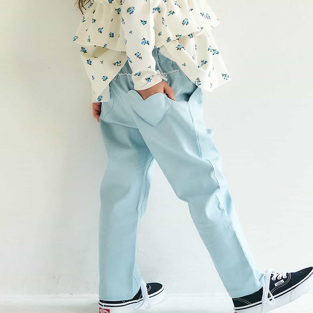 愛心口袋蕾絲後腰百搭長褲-水藍