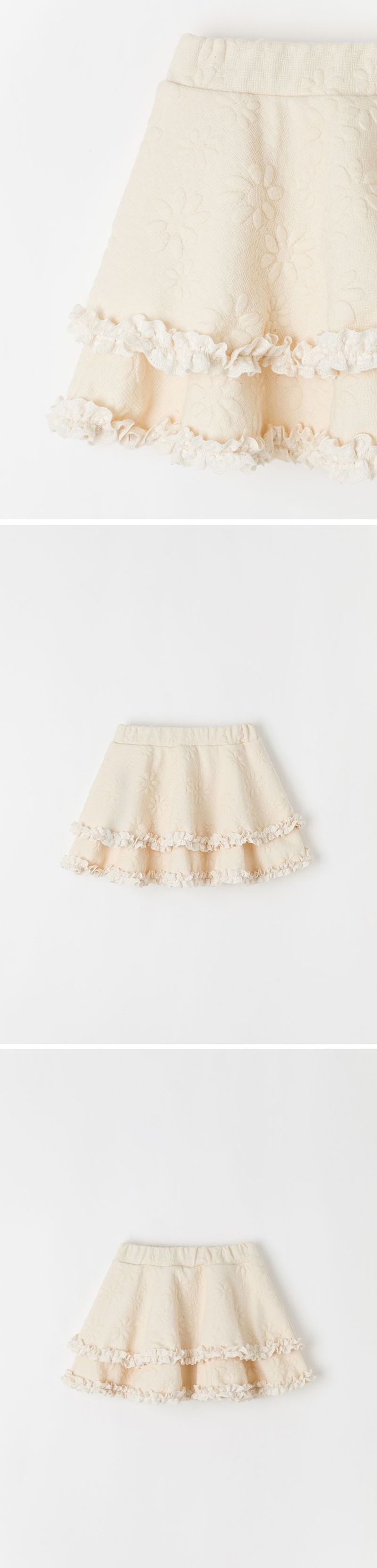 韓國 OZKIZ - 鬆緊腰立體花朵印拼接感短裙-米白