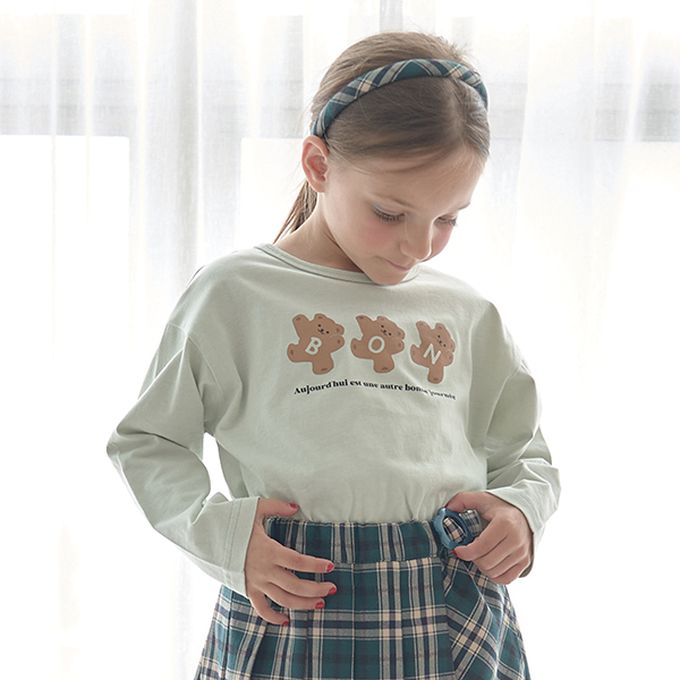 日本 Lycee mine - 純棉不易皺女孩印花長袖上衣-小熊-薄荷綠