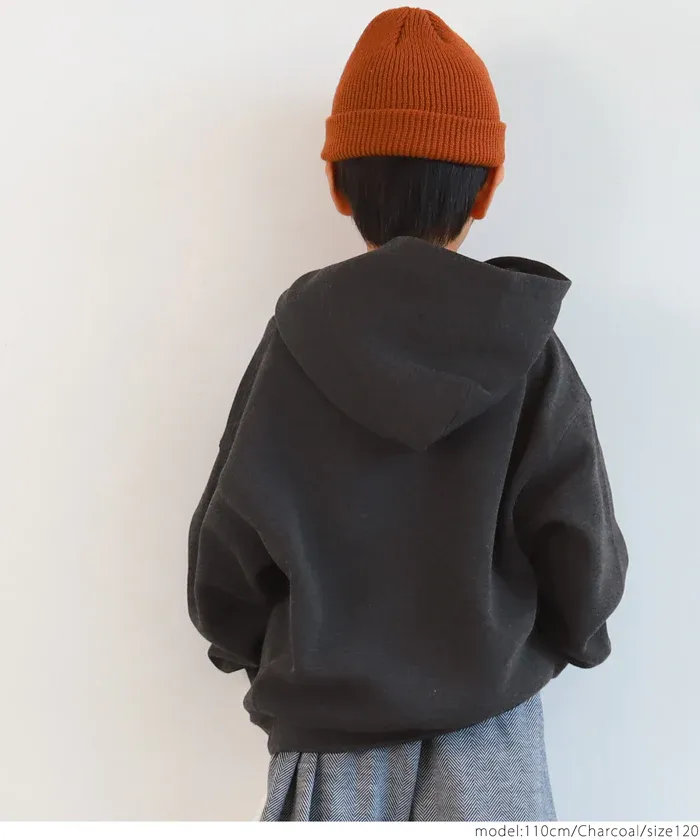 日本 COCA - fleece刷毛輕量寬鬆抽繩帽T-孩子-簡約黑