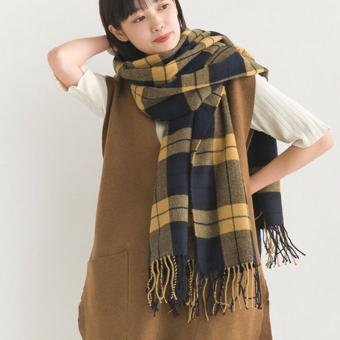 日本 OMNES - 羊毛混紡經典格紋圍巾披肩-H(米杏x深棕)
