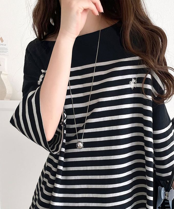 日本 Classical Elf - 混有機棉休閒條紋五分袖上衣-卡其x白