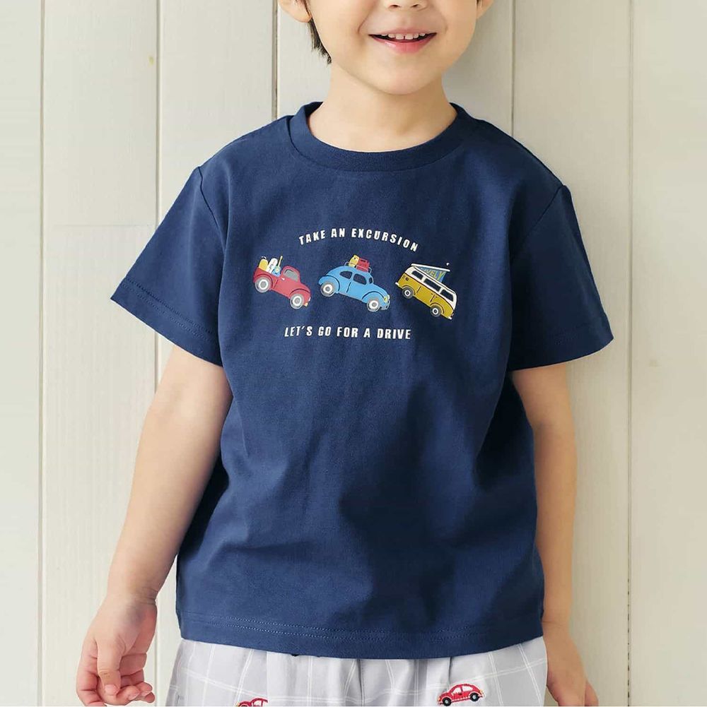 每天都想穿的純棉印花短袖T恤-車車-海軍藍