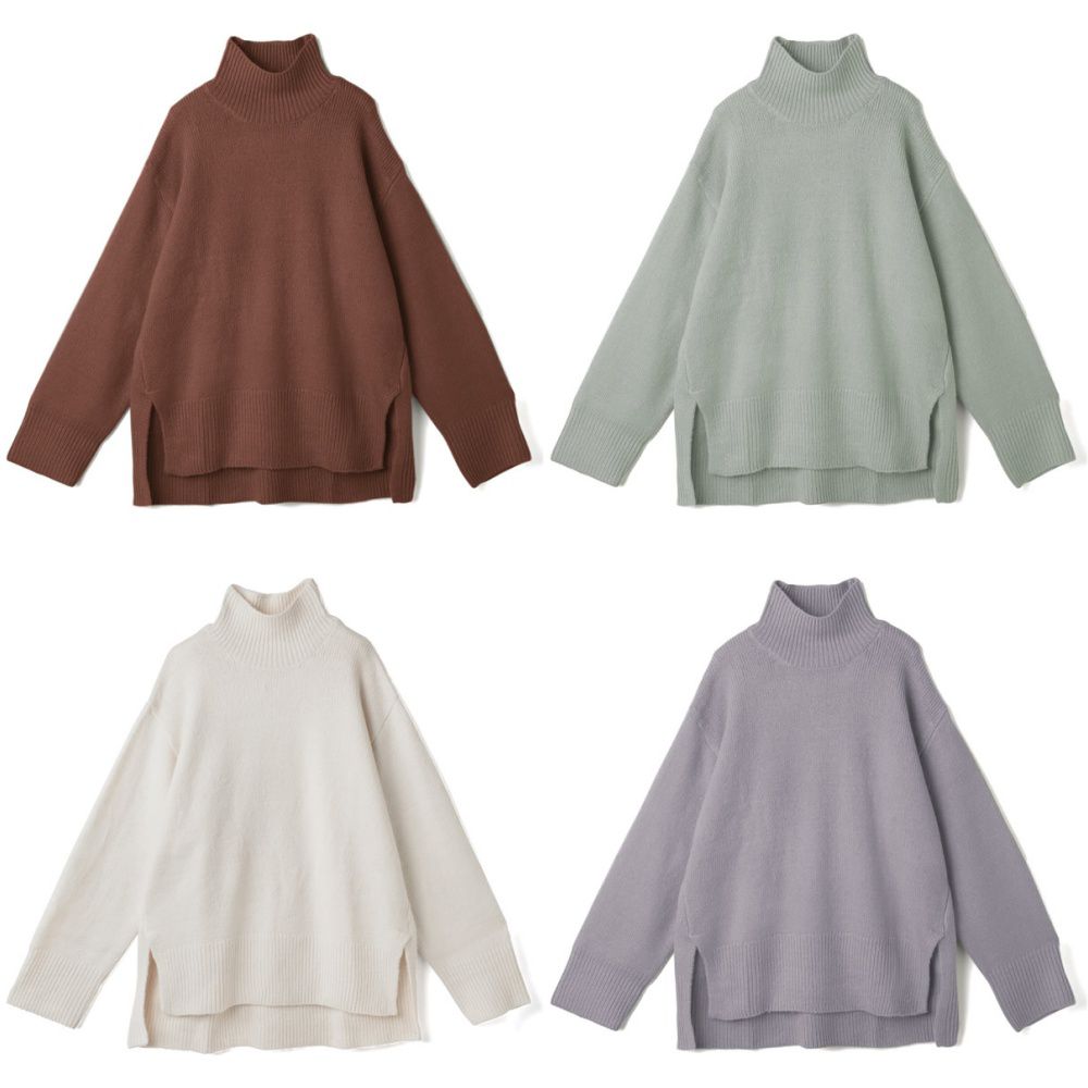 日本 GRL - 立領前短後長寬鬆針織毛衣-深咖啡