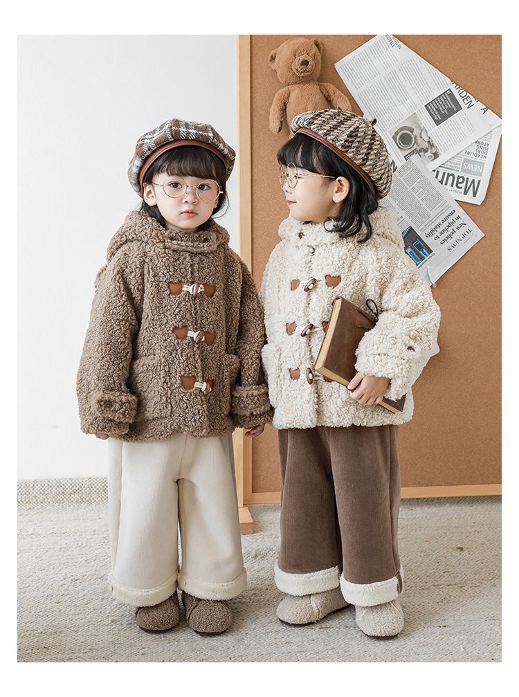 TONGMO - 立體造型羊羔絨牛角釦連帽外套-熊耳朵-米色