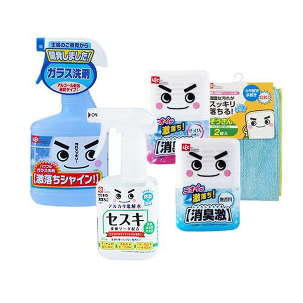日本 LEC - 浴室清潔組-玻璃清潔520ml +倍半碳酸鈉電解水一般型320ml+激落君消臭激320g (無香&微香各一) + 激落超細纖維抹布2入