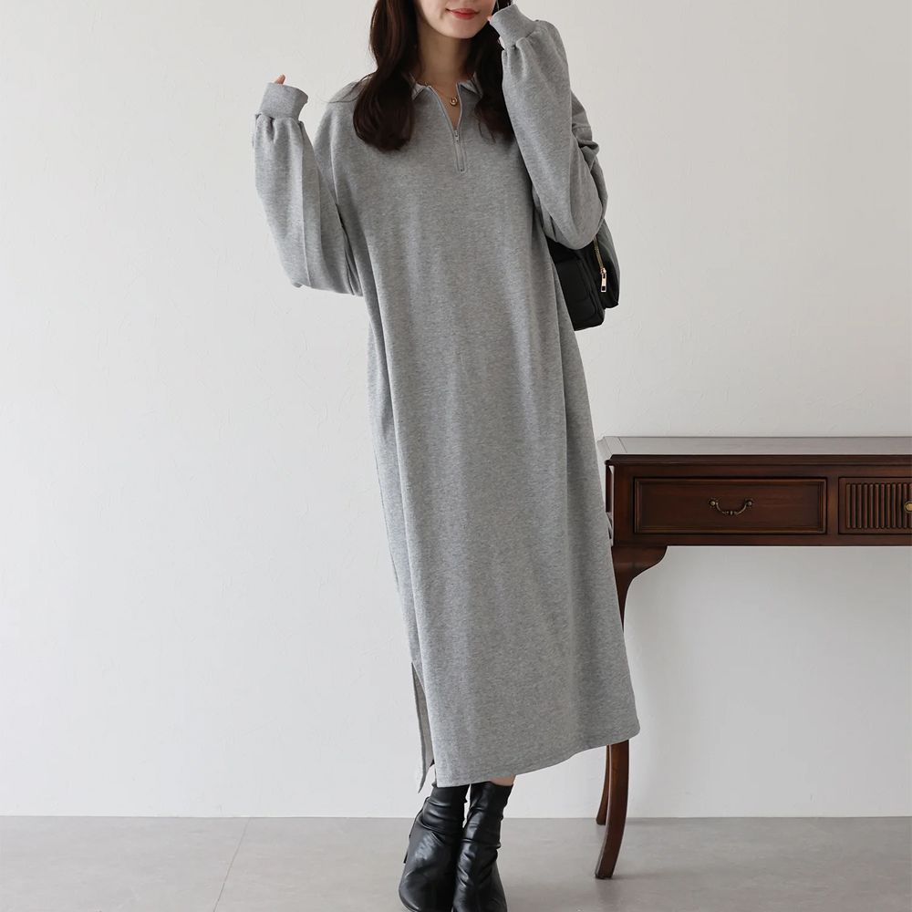 半拉鏈時尚休閒長袖洋裝-淺灰