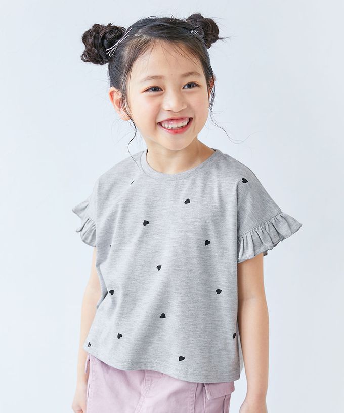 日本 devirock - 愛心印花荷葉邊短袖上衣-灰