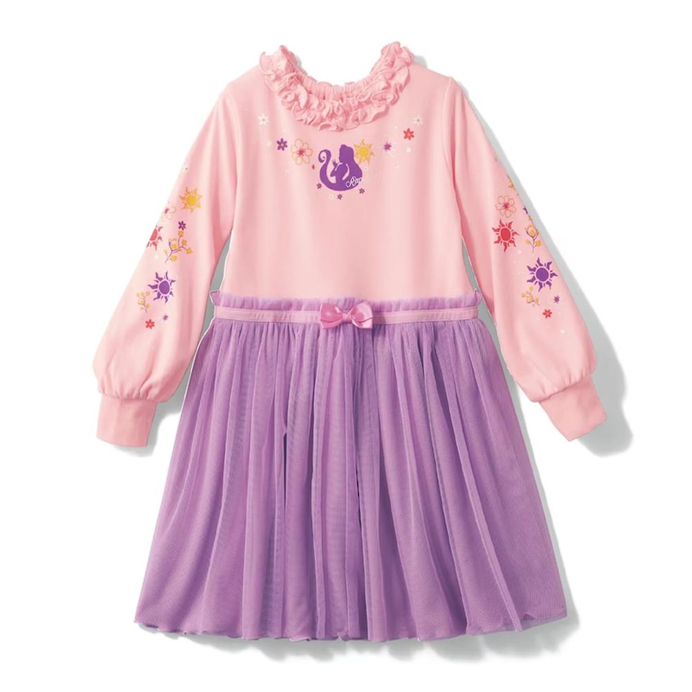 日本千趣會 - 聯名款 華麗印花雪紡拼接長袖洋裝-樂佩粉紫