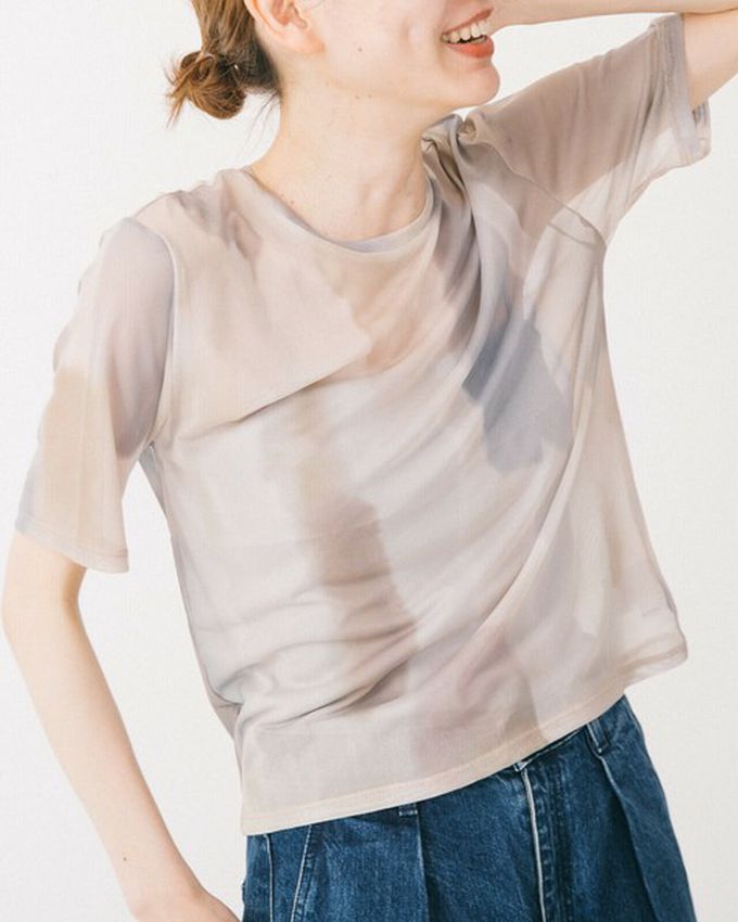 日本 gleam - 水彩暈染風透膚薄紗短袖上衣-深藍系