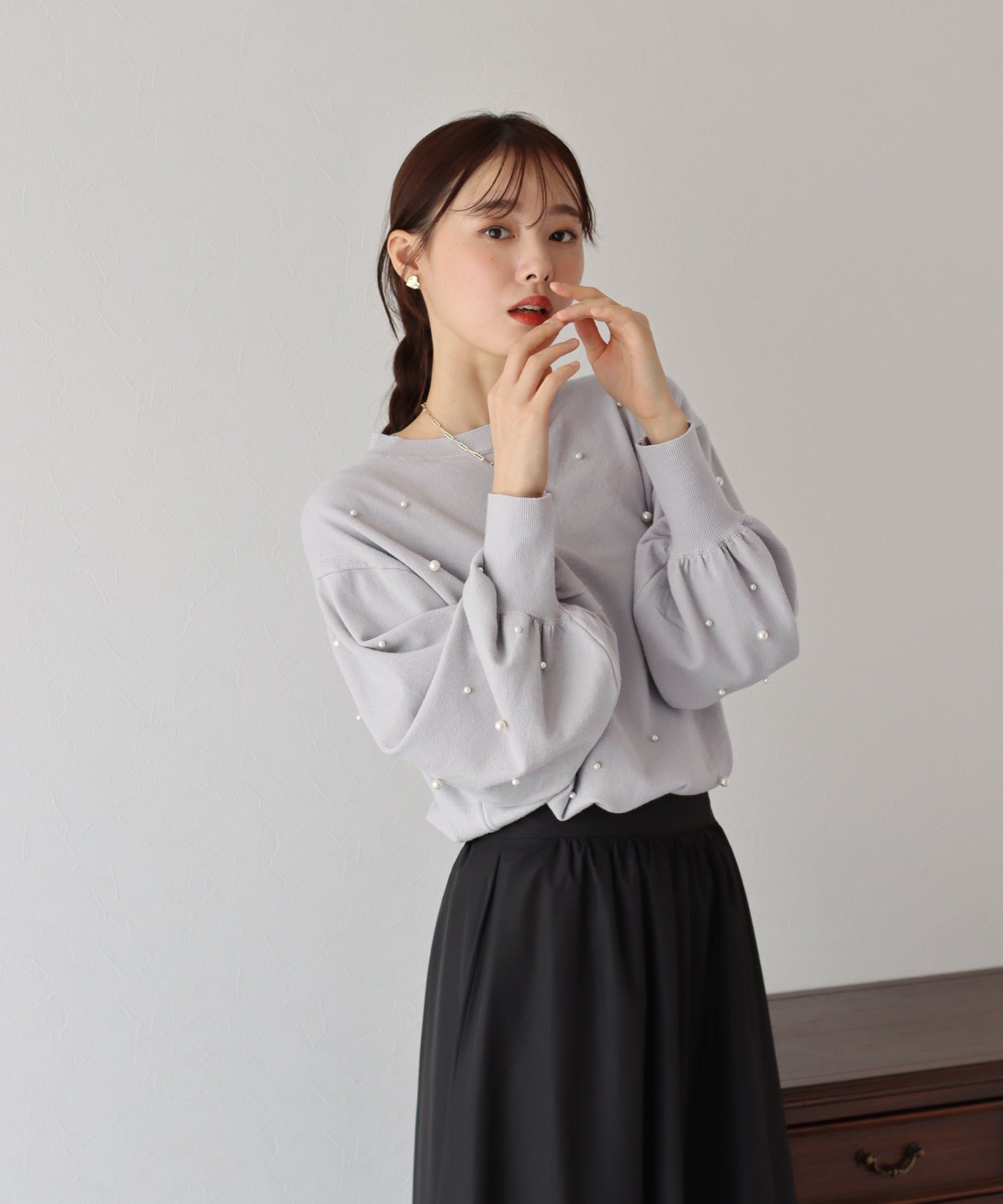 日本 BLUE EAST - 氣球袖珍珠注目針織上衣-粉紅