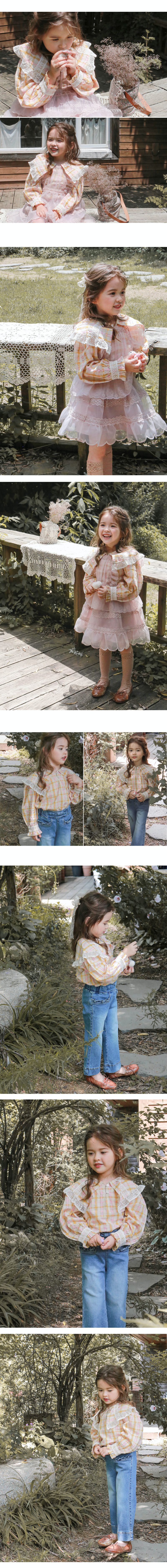 韓國 Puellaflo - 雙色格紋蕾絲點綴大翻領上衣-粉X橘格紋