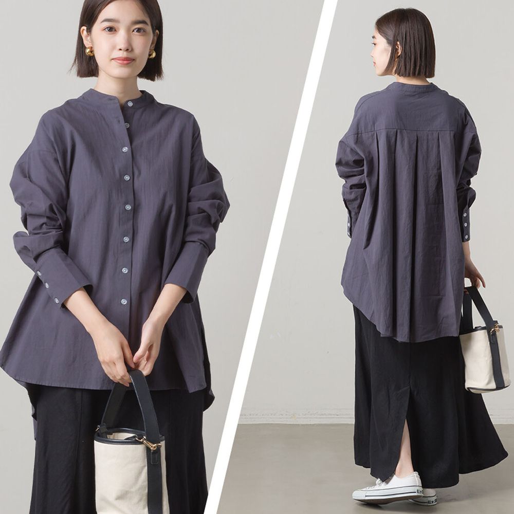 日本 OMNES - 純棉質感前短後長寬鬆圓領長袖襯衫-深灰 (F)