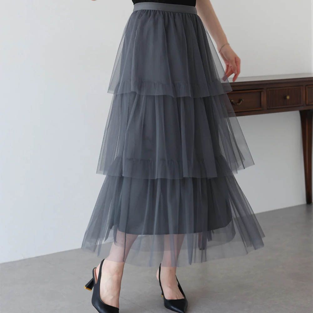 夢幻搖曳感層次薄紗長裙-炭灰