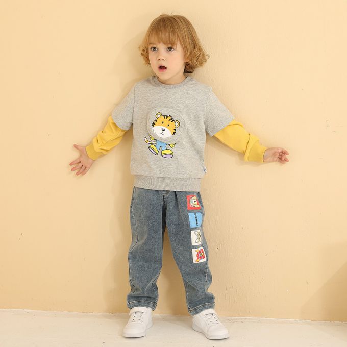 圓領假兩件長袖上衣-老虎印花-橘+黑色