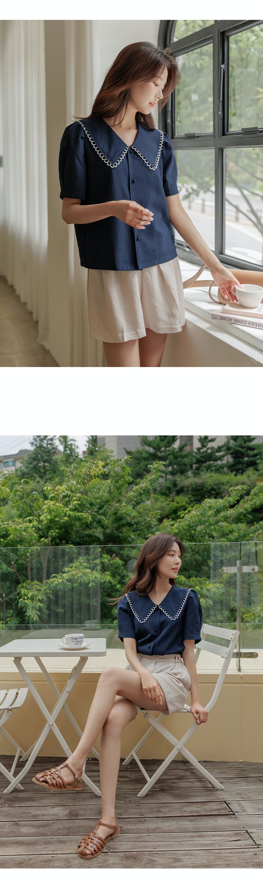 韓國 Urbantheroom - 氣質翻領公主縮袖襯衫-裸杏 (Free)