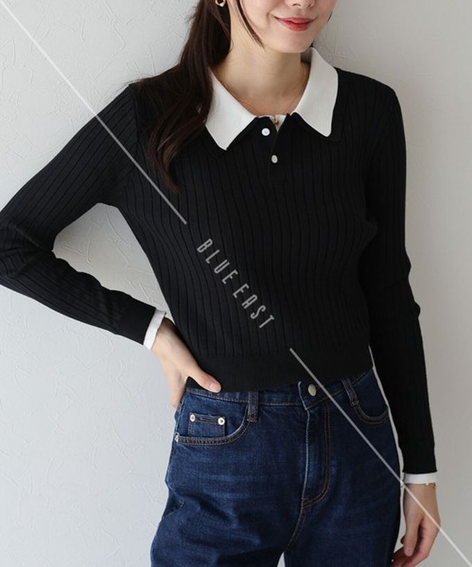 日本 BLUE EAST - 撞色雙層領針織polo長袖上衣-深灰x粉紅 (M)