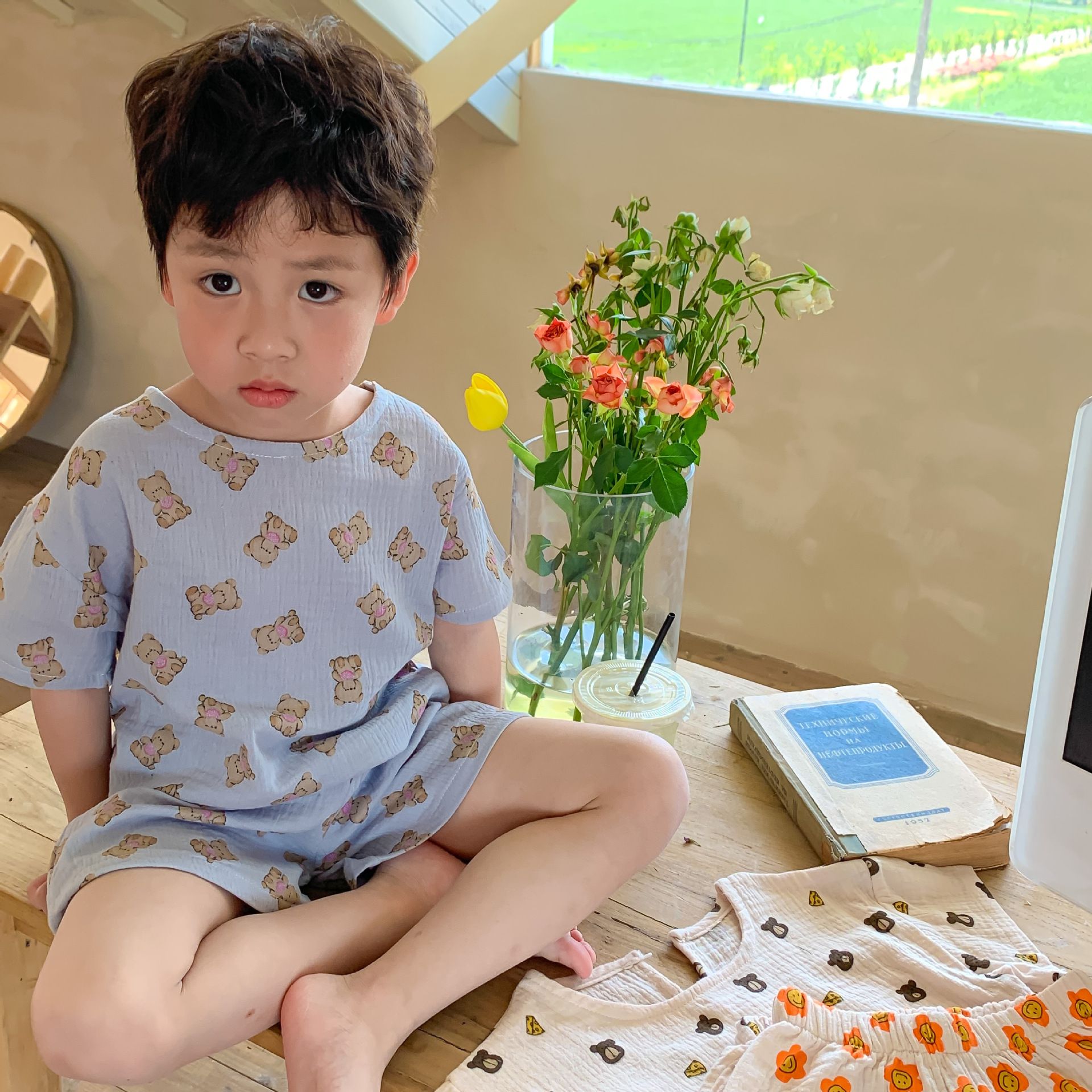 紗布棉短袖家居服套裝-小碎花-奶油色