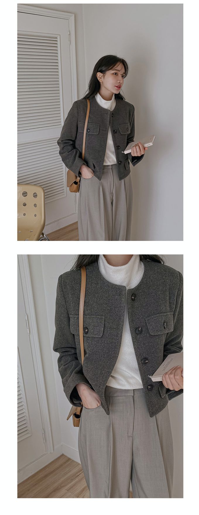 韓國 Urbantheroom - 高質感排釦無領短版夾克-卡其灰 (Free)