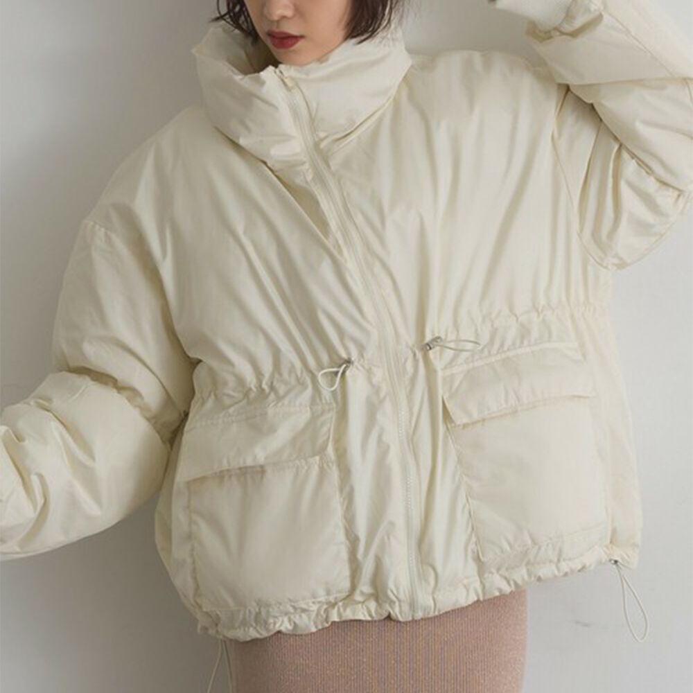 蓬鬆袖立領腰抽繩科技羽絨保暖外套-象牙