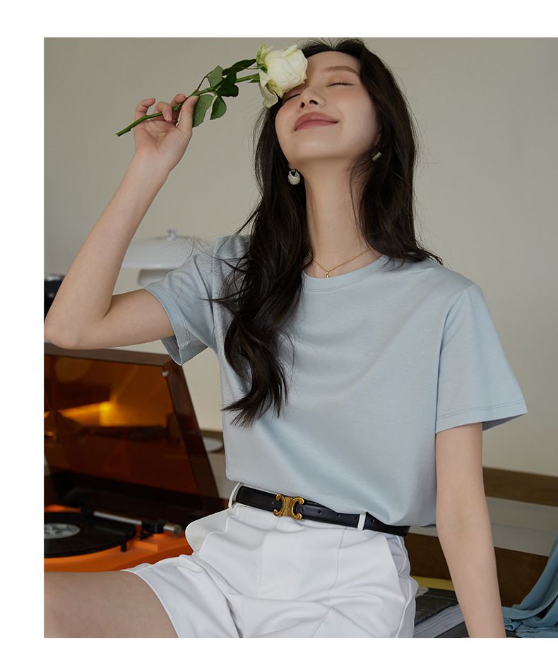 糖果色絲光棉圓領短袖上衣-白色