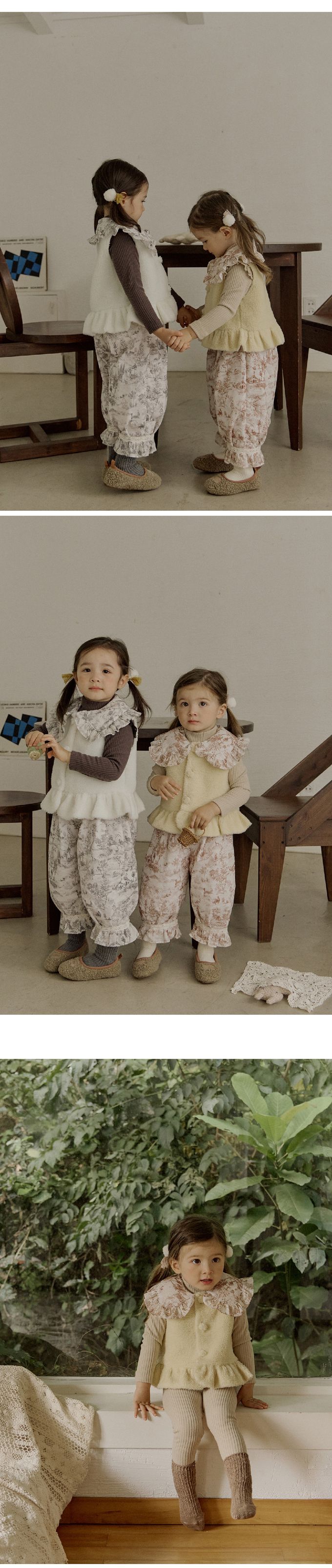 韓國 Puellaflo - 古典水墨印領裝飾毛絨背心-黃X咖啡