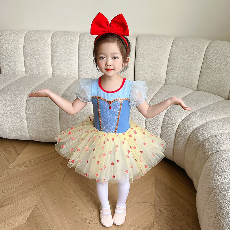 短袖造型公主裙/芭蕾舞裙-圓點寶石-藍+奶油黃