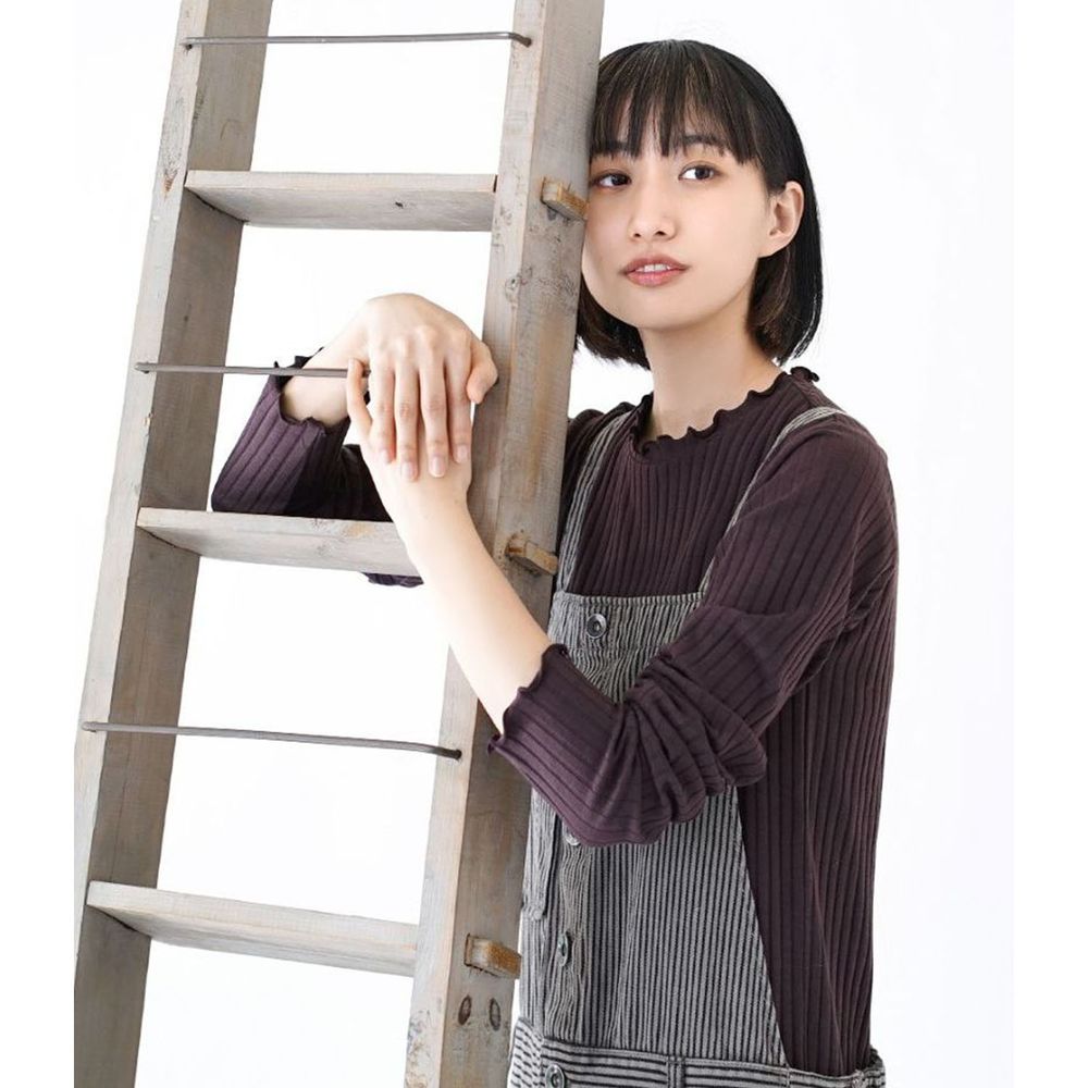 日本 zootie - [熱銷款] 木耳領羅紋彈性薄長袖上衣-葡萄紫