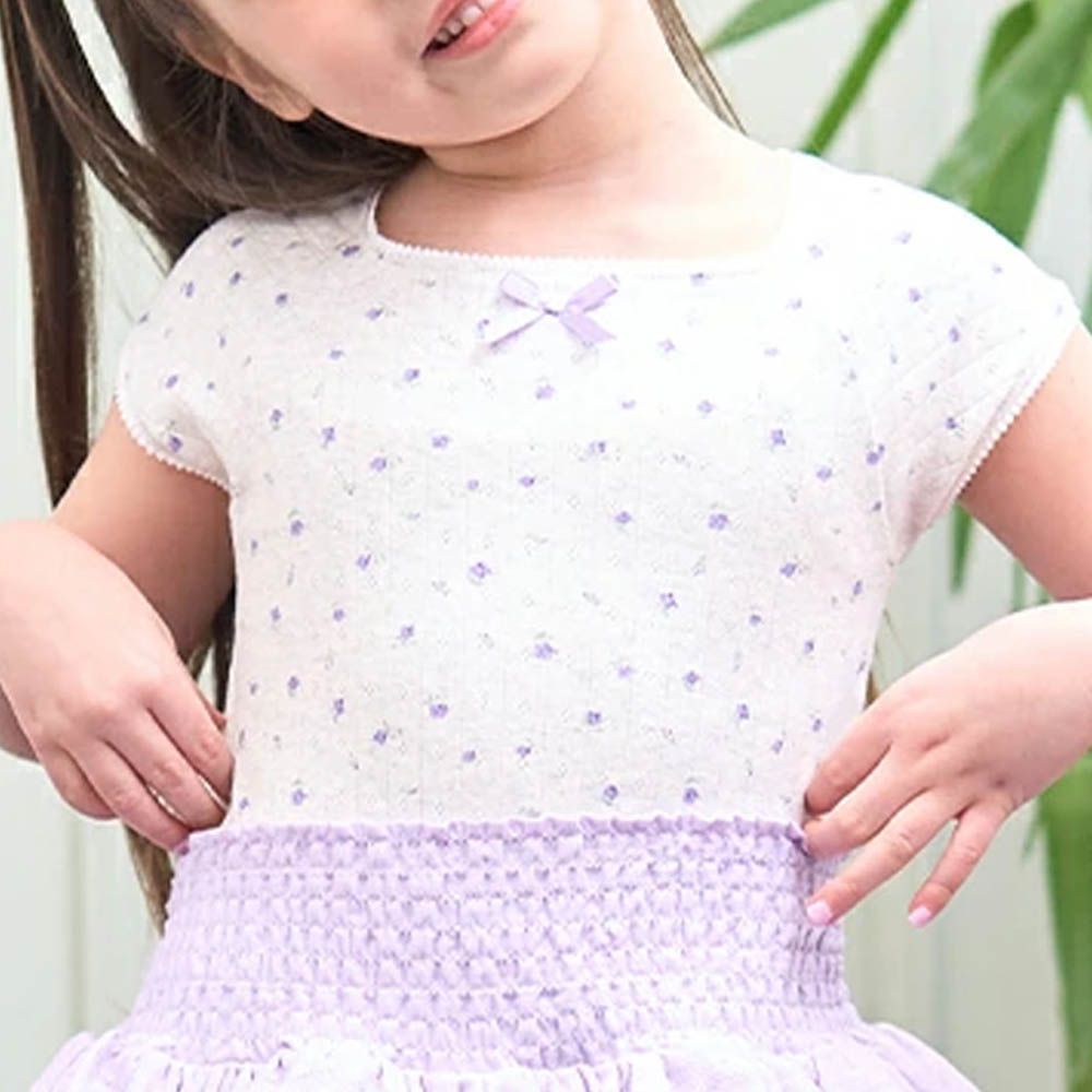 100%棉 印花蕾絲滾邊短袖上衣-燕麥灰