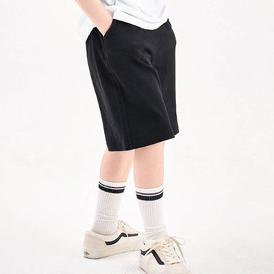 韓國 JELISTUDIO - 鬆緊腰小笑臉裝飾純棉五分褲-黑