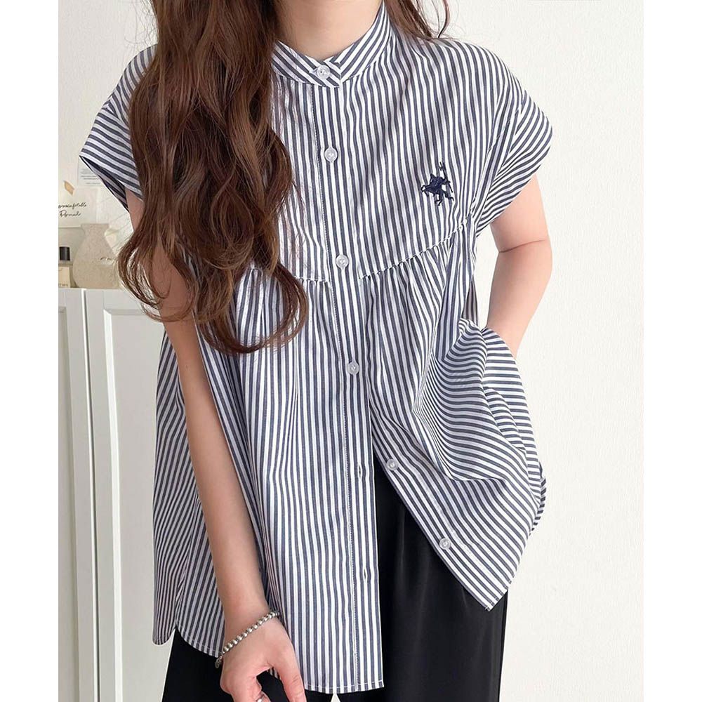 刺繡logo成熟俐落法式袖襯衫-海軍藍條紋