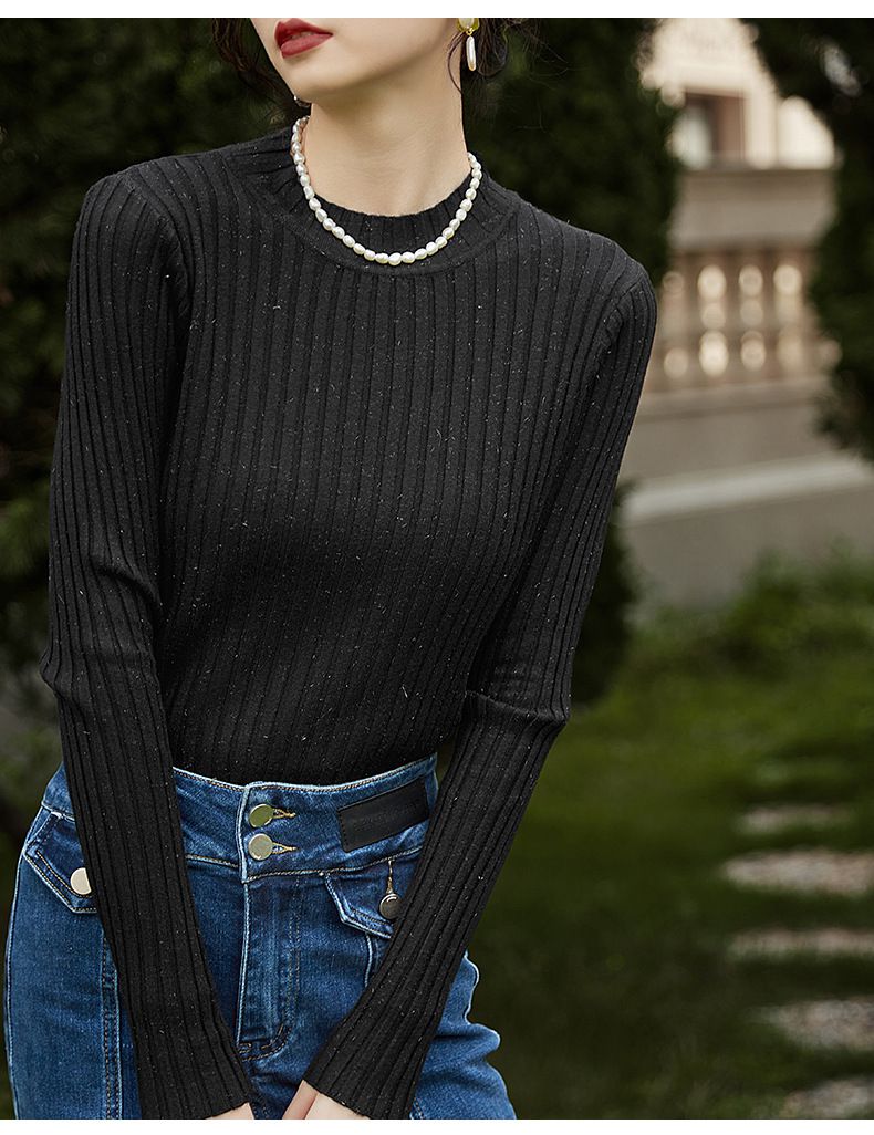 優雅百搭坑條修身針織上衣-黑色