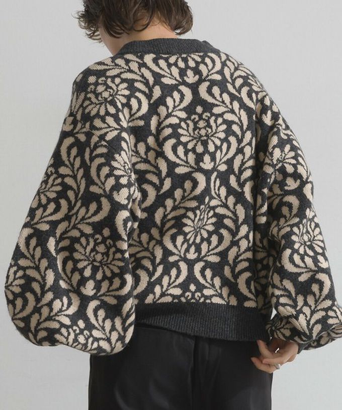 日本 Lupilien - 盛開花卉針織寬袖開襟衫/外套-橄欖綠