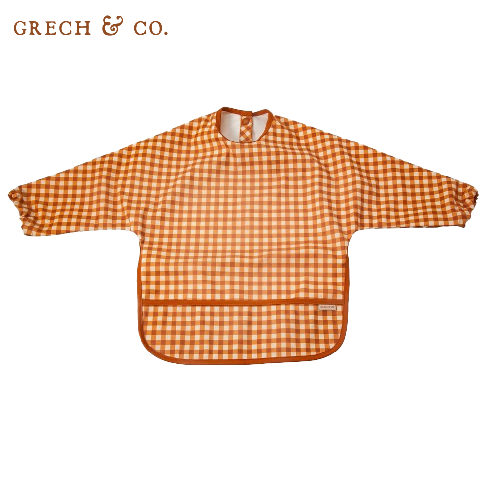 丹麥 GRECH & CO. - 防水長袖圍兜-格紋橘 (適用於6個月以上)