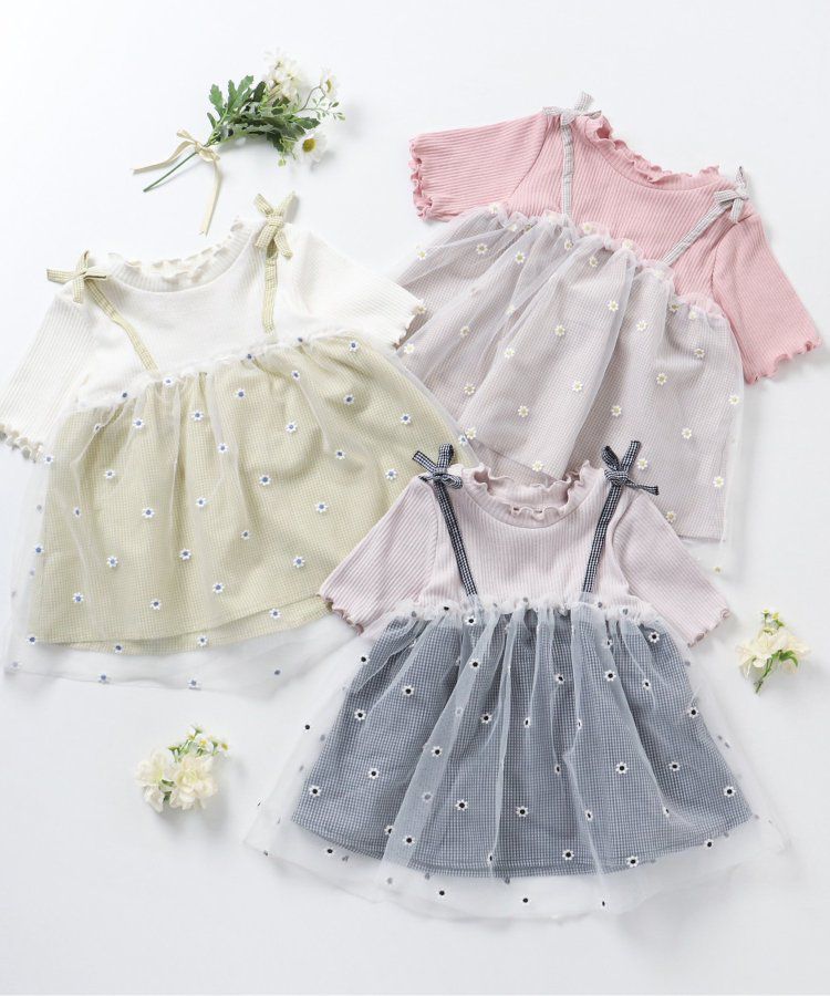 日本 apres les cours - 花朵刺繡拼接夢幻短袖上衣-嫩綠x黑