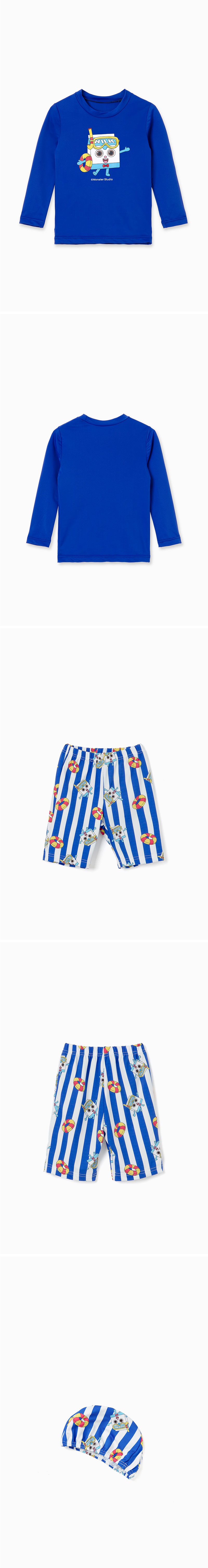 韓國 OZKIZ - 長袖兒童泳裝-三件組-布萊德理髮廳-藍