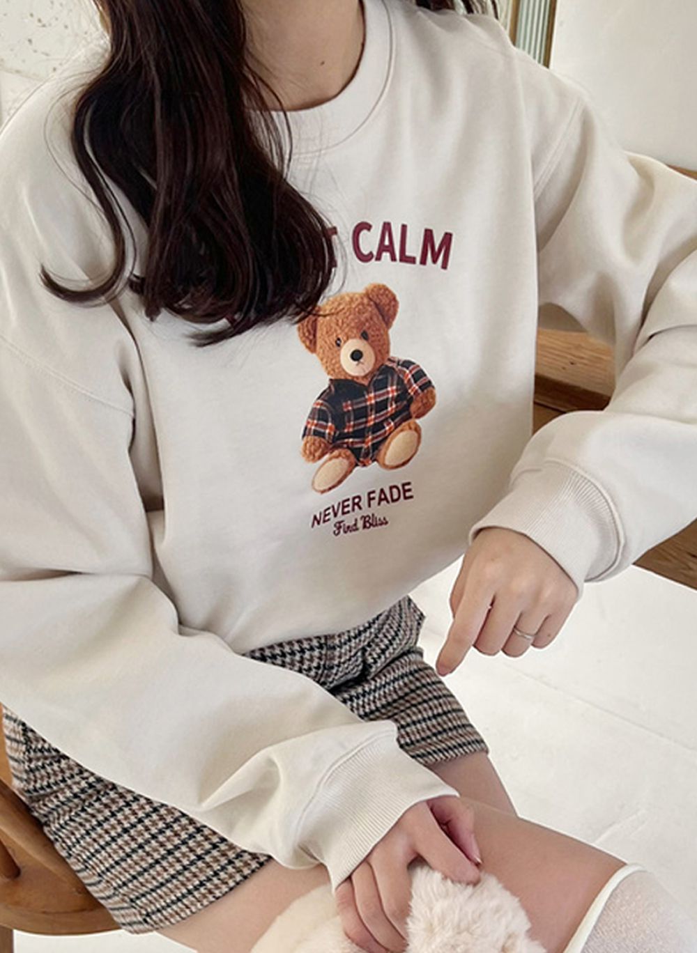 寶貝泰迪熊裏起毛印花大學T-象牙白 (F)