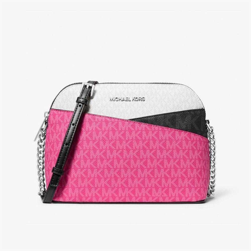 三色拼接鍊條貝殼包 (桃白灰)