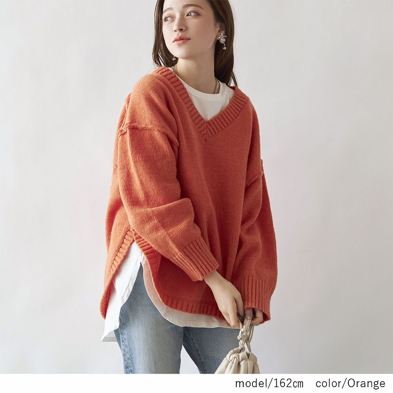 日本 Rejoule - V領落肩前短後長寬鬆針織毛衣-紫 (M(Free size))