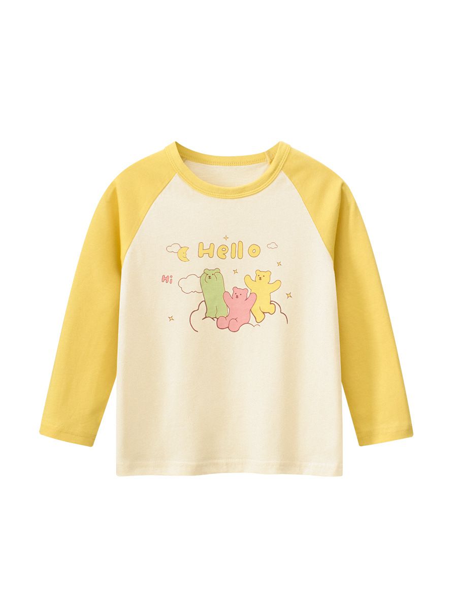 純棉圓領薄長袖上衣-繽紛熊熊-杏+黃