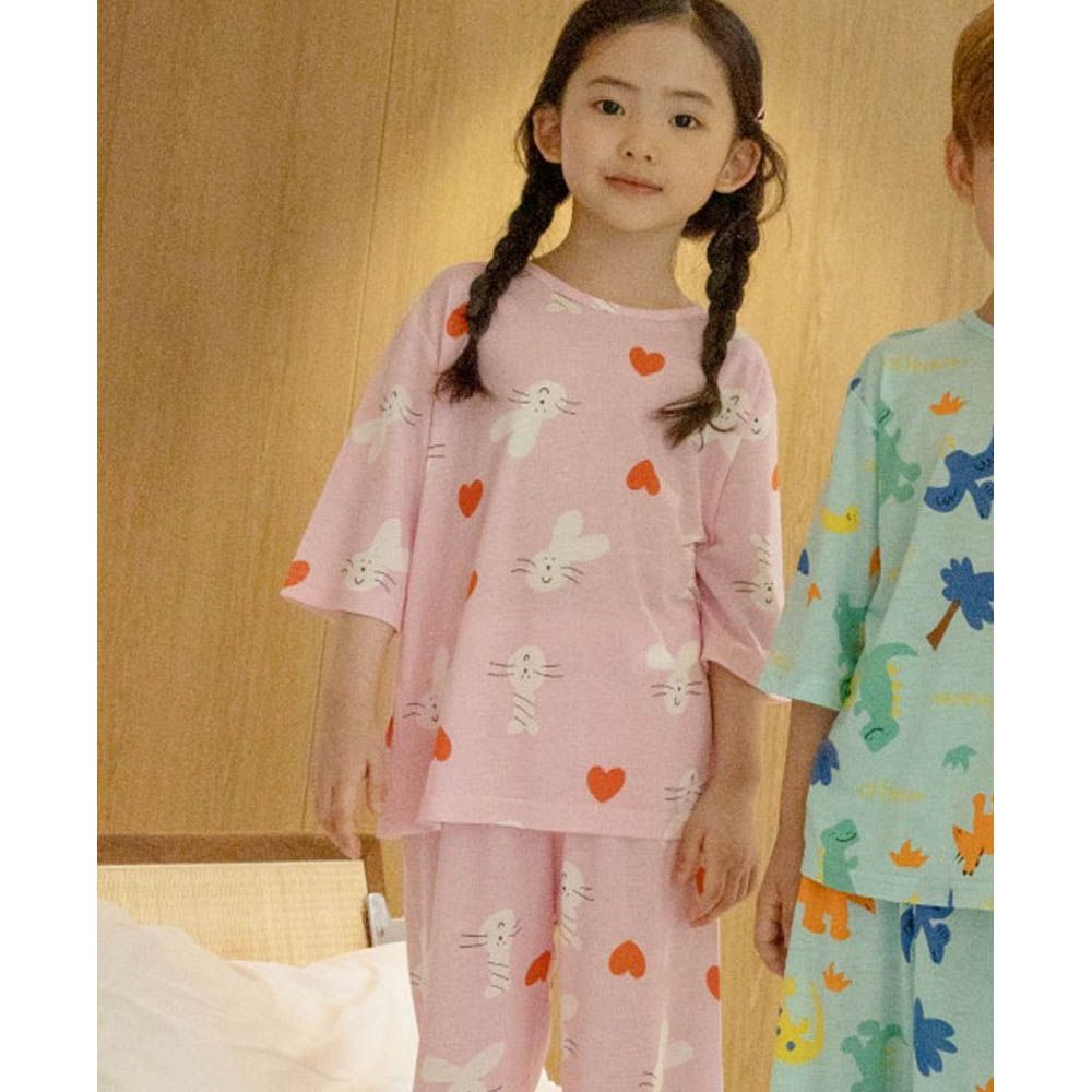 輕透涼感嫘縈七分袖家居服-愛心兔子-粉