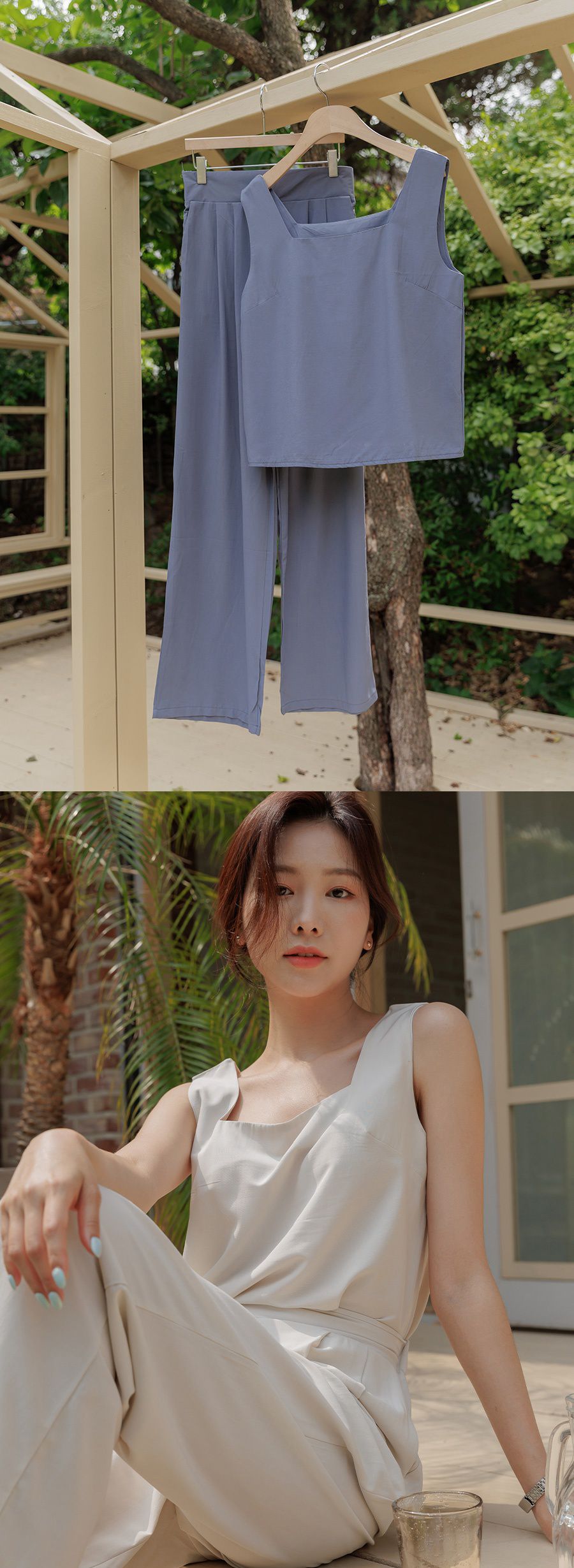 韓國 Urbantheroom - (兩件式)純色方領背心套裝-奶油杏 (Free)