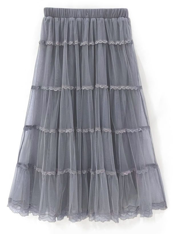 日本 GRL - 柔美層次蕾絲滾邊紗裙-灰藍