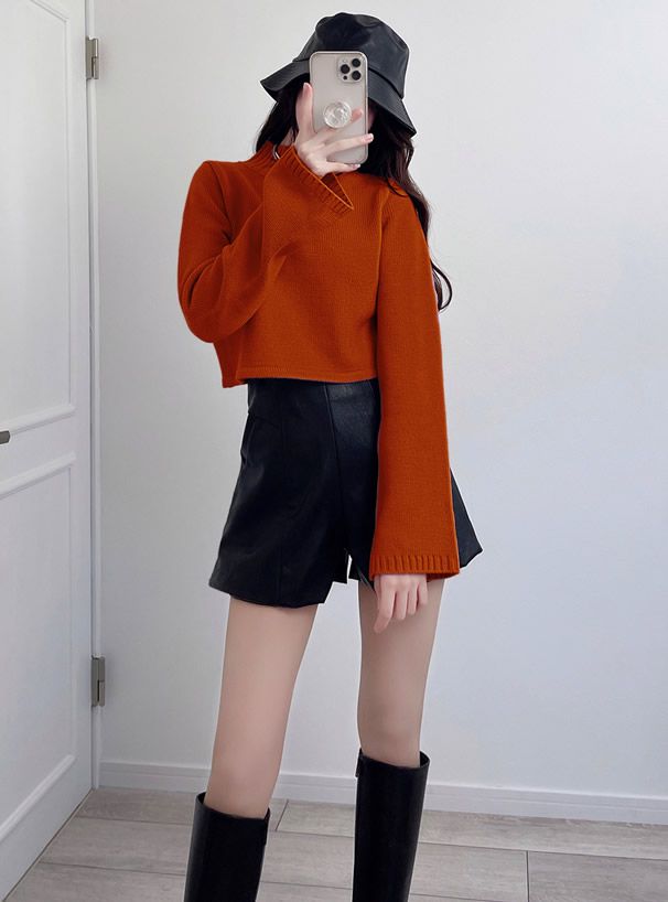 日本 GRL - 微喇叭寬袖針織短版毛衣-暖紅