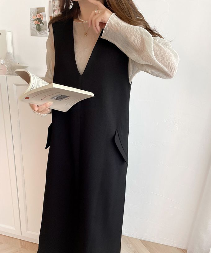 日本 Classical Elf - 簡約深V領氣質線條背心裙-摩卡棕