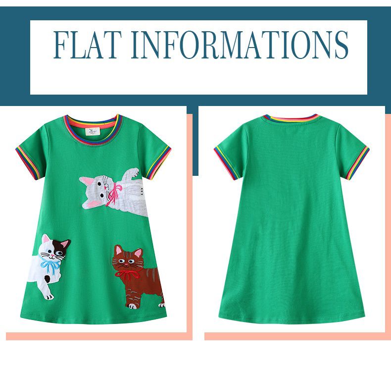 Jumping meters - 棉質圓領短袖洋裝-調皮貓貓-綠色