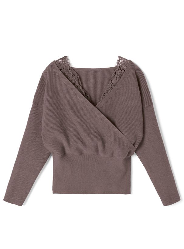 日本 GRL - 蕾絲V領縮腰針織上衣-可可棕