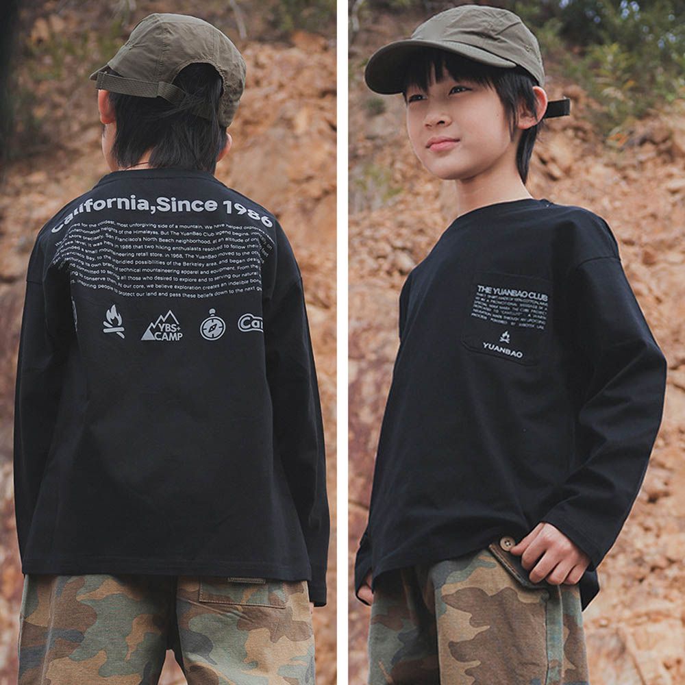 純棉圓領長袖上衣-前口袋後文字印花-黑色