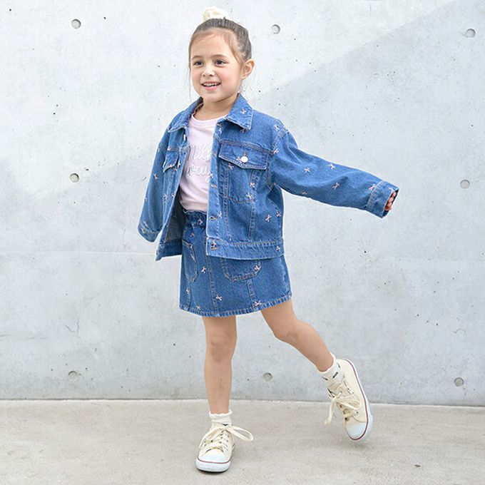 日本 Lycee mine - 甜美刺繡純棉丹寧風褲裙-櫻桃-淺藍