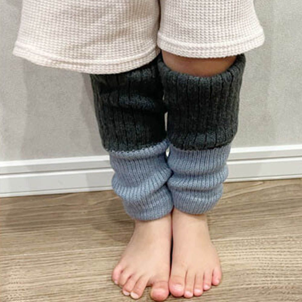 日本製 羊毛混絲綢保暖兒童襪套-灰藍x深灰 (F)